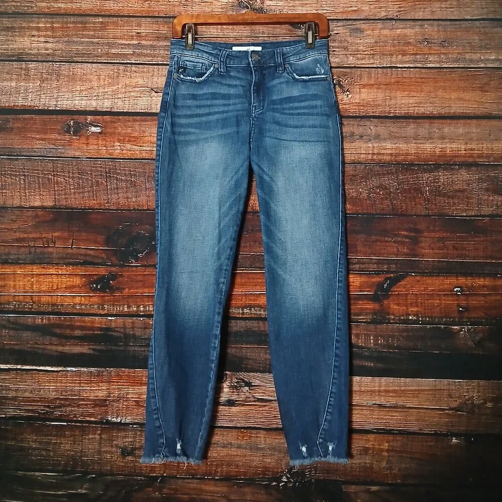Kancan Jeans 27 7 Mom Raw Hem Distressed Dark Wash Denim Stretch